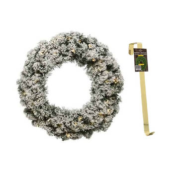 Groen/witte led kerstkrans 60 cm Imperial met kunstsneeuw en met gouden hanger - Kerstkransen