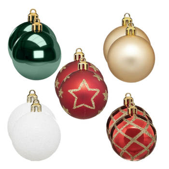 30x stuks kerstballen mix wit/rood/groen/champagne gedecoreerd kunststof 5 cm - Kerstbal
