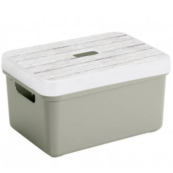 Sunware Opbergbox/mand - lichtgroen - 13 liter - met deksel hout kleur - Opbergbox