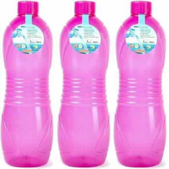 Plasticforte Drinkfles/waterfles/bidon - 3x - 1000 ml - transparant/roze - kunststof - Drinkflessen