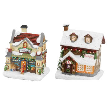 Set van 2x stuks Kerstdorp kersthuisjes bakkerij en speelgoedwinkel met verlichting 12,5 cm - Kerstdorpen