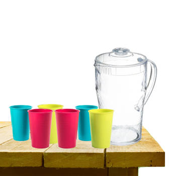 Forte Plastics Sapkan met 12x glazen 2 liter transparant kunststof - Drinkglazen