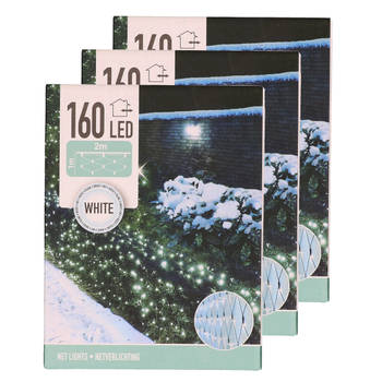 Set van 3x stuks kerstverlichting lichtnetten/netverlichting 200 x 100 cm helder wit - Kerstverlichting lichtgordijn