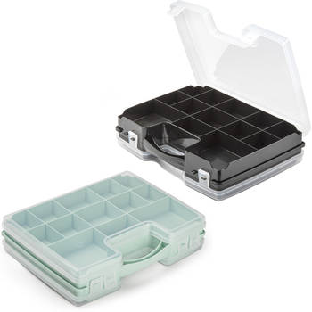 Forte Plastics - 4x Opberg vakjes doos/Sorteerbox - 21-vaks kunststof - 28 x 21 x 6 cm - zwart/groen - Opbergbox