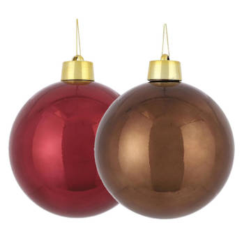 Grote kunststof kerstballen 20 cm - set van 2x st. bruin en donkerrood - Kerstbal