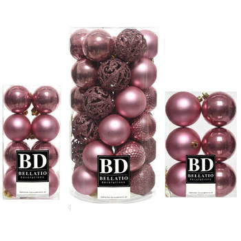 59x stuks kunststof kerstballen oudroze (velvet pink) 4, 6 en 8 cm glans/mat/glitter mix - Kerstbal