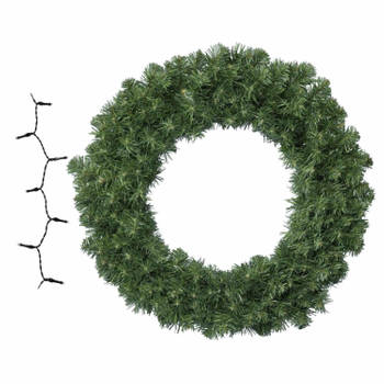 Groene kerstkrans/dennenkrans/deurkrans 50 cm inclusief helder witte verlichting - Kerstkransen