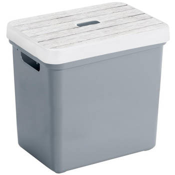 Sunware Opbergbox/mand - blauwgrijs - 25 liter - met deksel hout kleur - Opbergbox