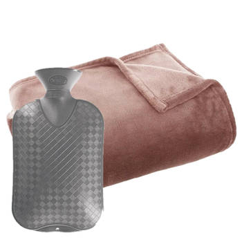 Fleece deken/plaid Oud Roze 130 x 180 cm en een warmwater kruik 2 liter - Plaids