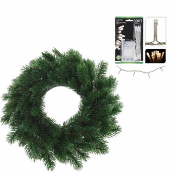 Dennenkrans/deurkrans 35 cm inclusief warm witte kerstverlichting - Kerstkransen