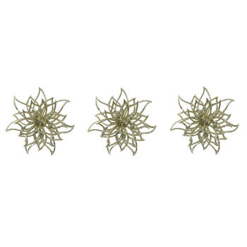 3x stuks decoratie bloemen kerstster champagne glitter op clip 14 cm - Kunstbloemen