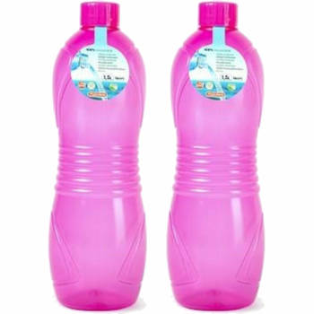Plasticforte Drinkfles/waterfles/bidon - 2x - 1500 ml - transparant/roze - kunststof - Drinkflessen