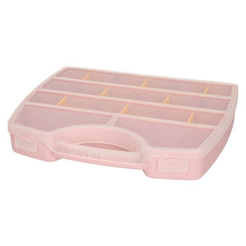 Plasticforte opbergkoffertje/opbergdoos/sorteerbox - 13-vaks - kunststof - lichtroze - 25 x 21 x 4 cm - Opbergbox