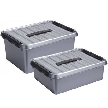 Opberg boxen set 2x stuks 10 en 15 liter kunststof grijs met deksel - Opbergbox