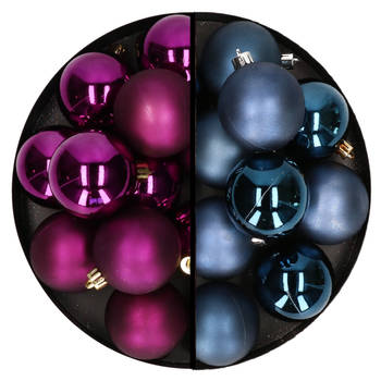 Kerstballen 24x stuks - mix donkerblauw en paars - 6 cm - kunststof - Kerstbal