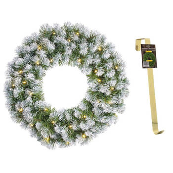 Kerstkrans/deurkrans groen met verlichting 30 lampjes en sneeuw 60 cm en met gouden hanger - Kerstkransen