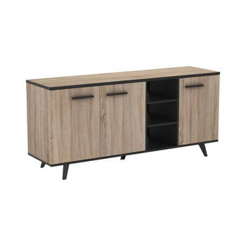 WAYNE Dressoir woonkamer set + Hoge tafel + Vitrinekast - Geborsteld eiken decor