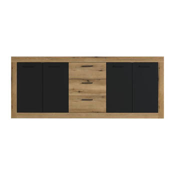 Industrieel buffet melamine chene en zwart - 4 deuren + 3 laden - industriële stijl - l 206 x d 45 x h 83,5 cm steen