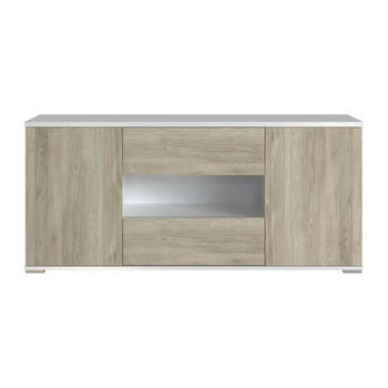 Star TV Cabinet - 2 deuren en 2 laden - Wit en eiken melamine - L 150 x D 42 x H 67 cm