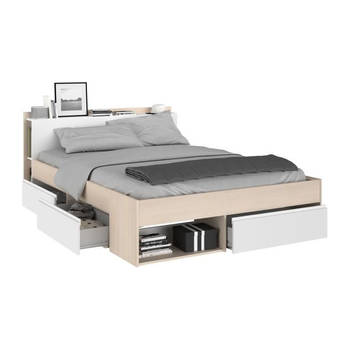 MUST Modern bed voor volwassenen met lades - Acaciahout en wit decor - L 140 x L 190/200 cm