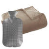 Fleece deken/plaid Donker Beige 130 x 180 cm en een warmwater kruik 2 liter - Plaids