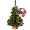 Mini kerstboom groen met verlichting - in jute zak - H60 cm - kleur mix rood - Kunstkerstboom