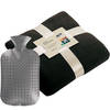 Fleece deken/plaid Zwart 130 x 170 cm en een warmwater kruik 2 liter - Plaids