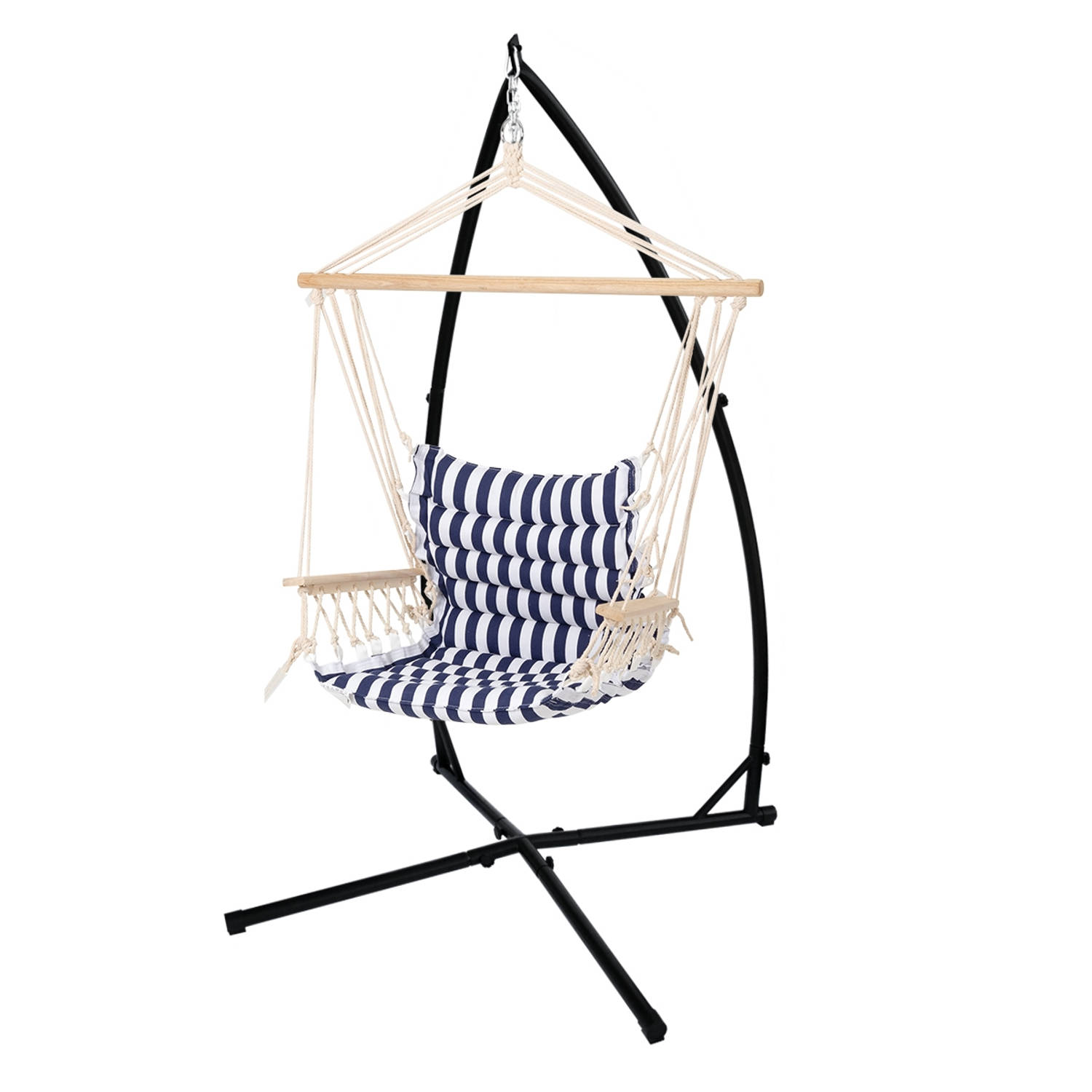 Hangstoel met Frame 45x100x43 cm Blauw/Wit Katoen en Hardhout