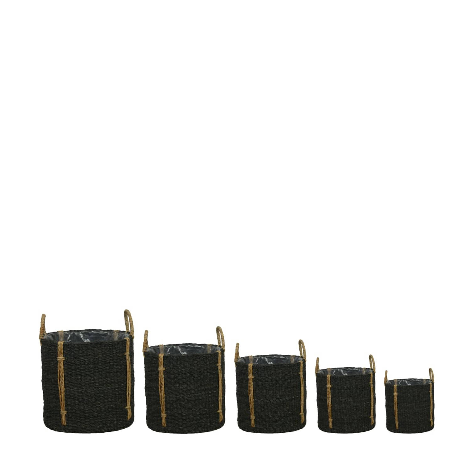 DKNC Manden zeegras natuur met plastic 38x36cm Set van 5 Zwart