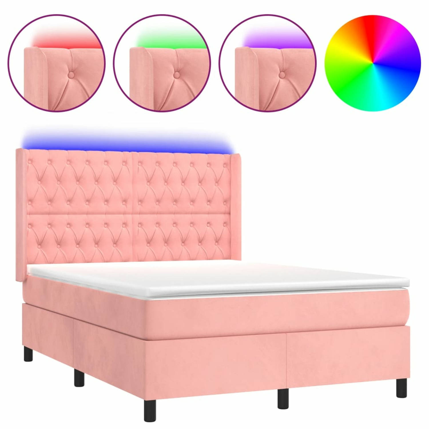 vidaXL Boxspring met matras en LED fluweel roze 140x200 cm