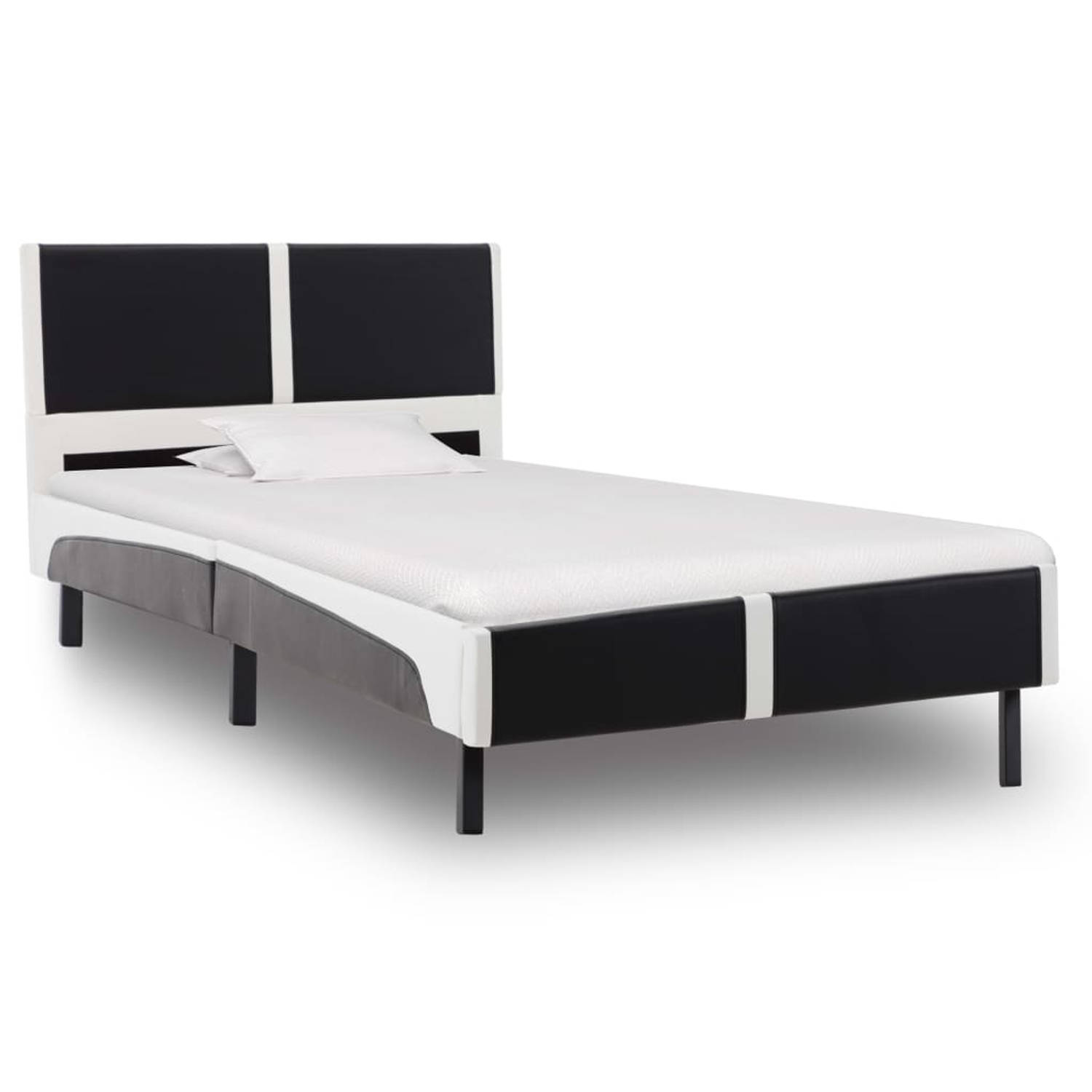 The Living Store Bed met matras kunstleer zwart en wit 90x200 cm - Bed - Bedden - Eenpersoonsbed - Eenpersoonsbedden - Slaapmeubel - Slaapmeubels - Gestoffeerd Bed - Gestoffeerde B