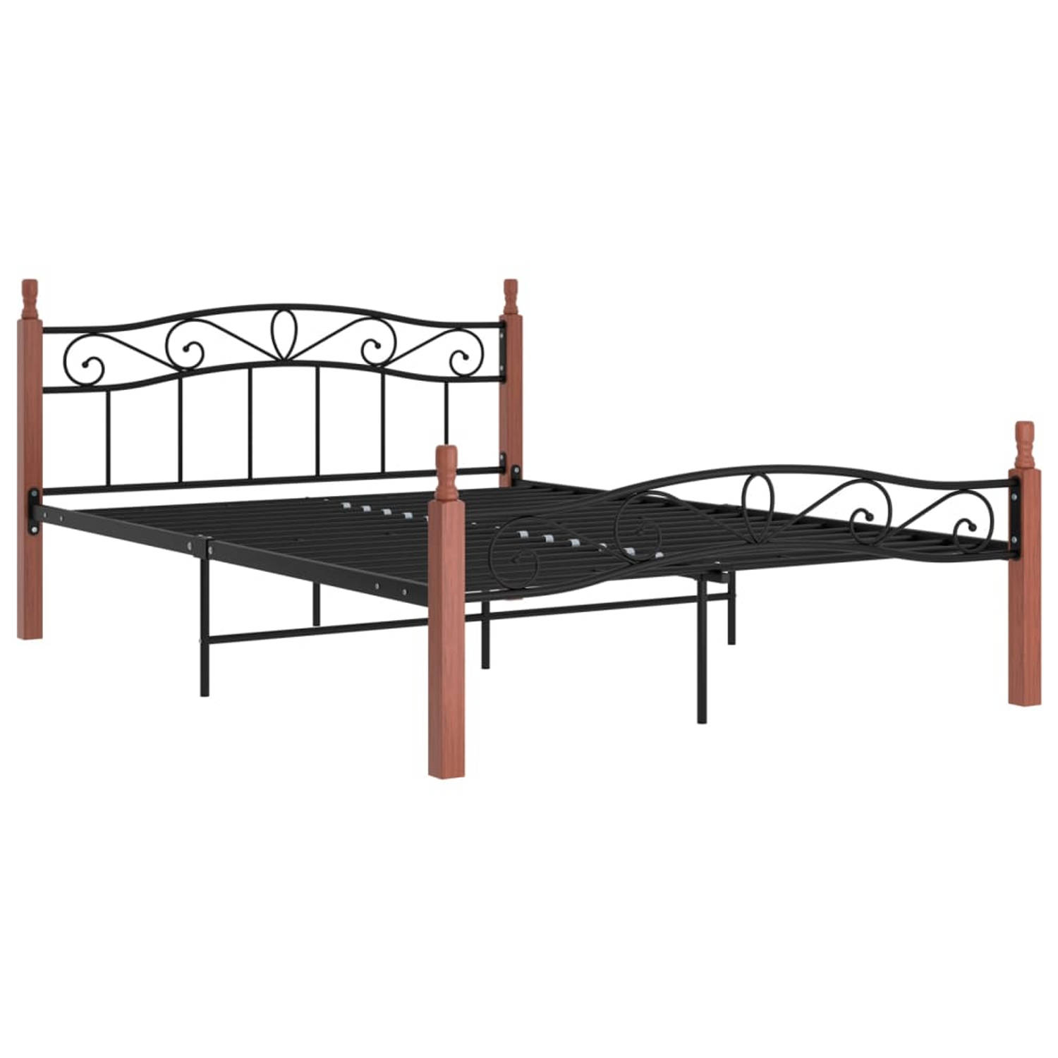 The Living Store Bedframe metaal en massief eikenhout zwart 140x200 cm - Bedframe - Bedframes - Bed - Bedden - Frame - Frames - Tweepersoonsbed - Tweepersoonsbedden - Bedombouw - B