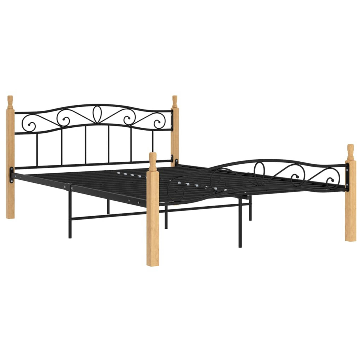 The Living Store Bedframe metaal en massief eikenhout zwart 160x200 cm - Bedframe - Bedframes - Bed - Bedden - Frame - Frames - Tweepersoonsbed - Tweepersoonsbedden - Bedombouw - B