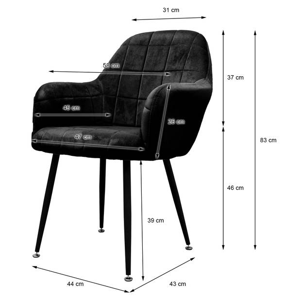 Set van 2 eetkamerstoelen, zwart, met rugleuning en armleuningen