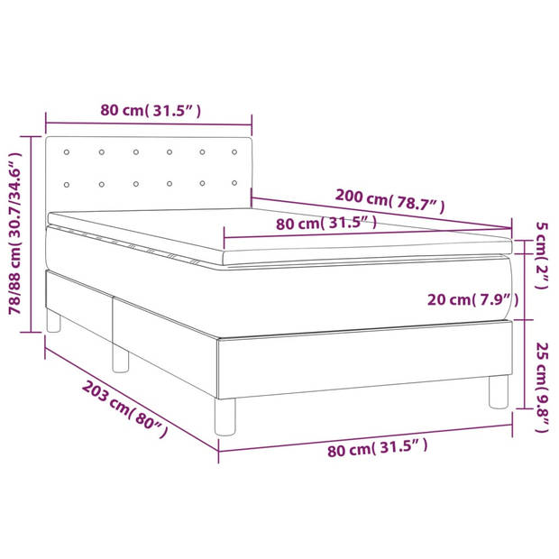 vidaXL Boxspring met matras en LED fluweel lichtgrijs 80x200 cm