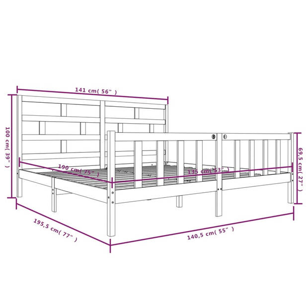 vidaXL Bedframe massief grenenhout zwart 135x190 cm