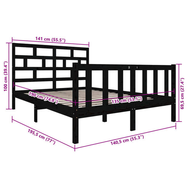 vidaXL Bedframe massief grenenhout zwart 135x190 cm