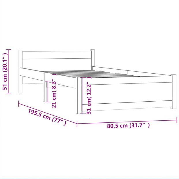 vidaXL Bedframe massief hout wit 75x190 cm