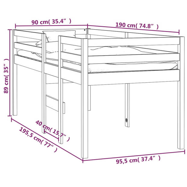 vidaXL Hoogslaper massief grenenhout 90x190 cm