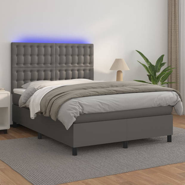 vidaXL Boxspring met matras en LED kunstleer grijs 140x200 cm