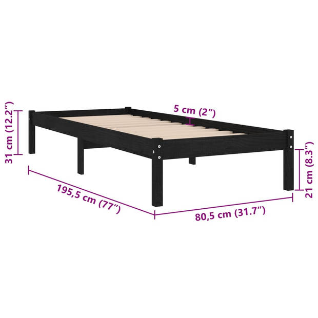 vidaXL Bedframe massief hout zwart 75x190 cm