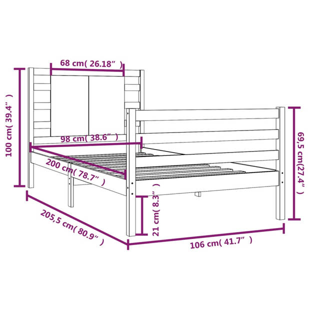 vidaXL Bedframe massief grenenhout zwart 100x200 cm