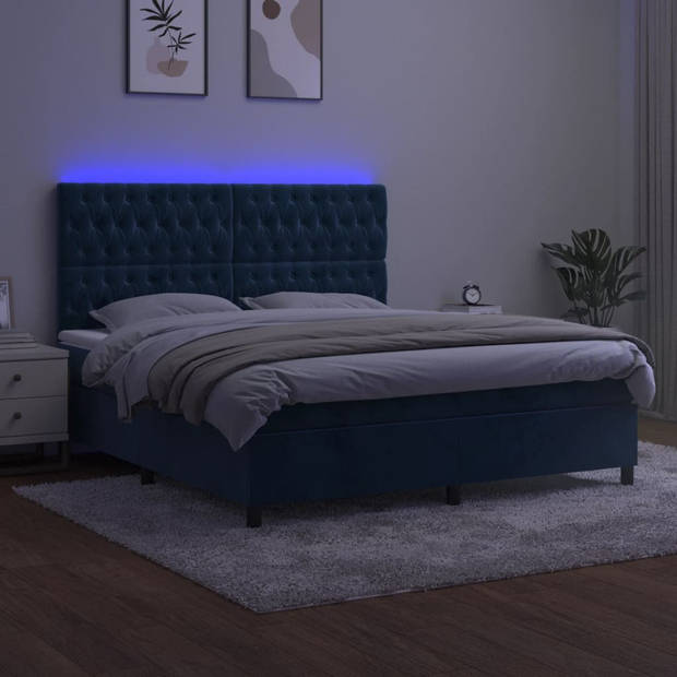 vidaXL Boxspring met matras en LED fluweel donkerblauw 180x200 cm