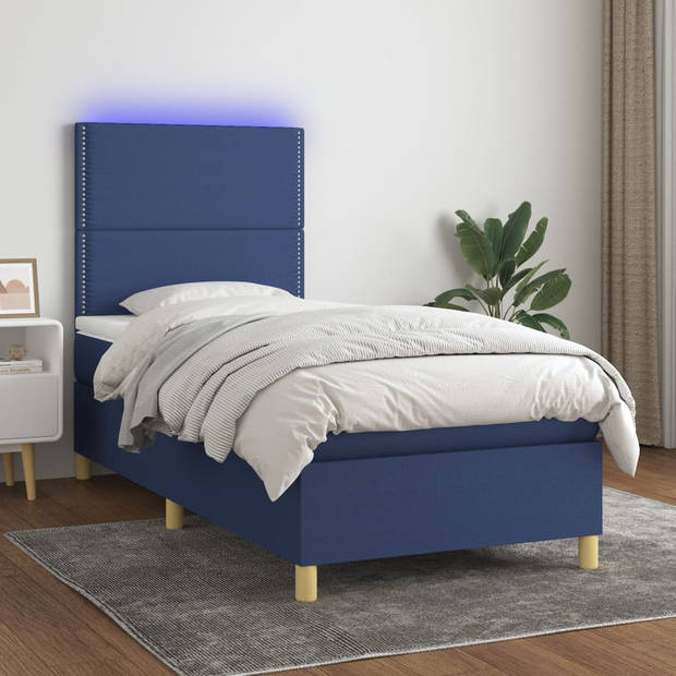 vidaXL Boxspring met matras en LED stof blauw 90x200 cm