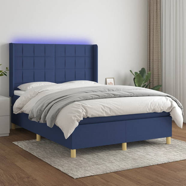 vidaXL Boxspring met matras en LED stof blauw 140x200 cm