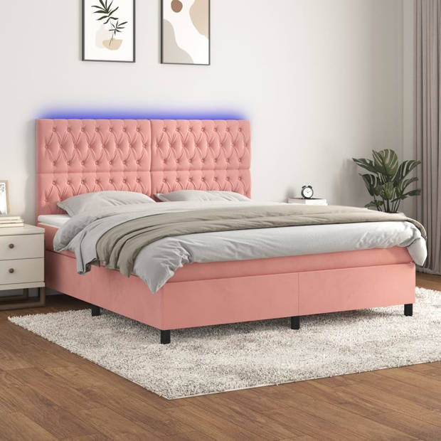 vidaXL Boxspring met matras en LED fluweel roze 160x200 cm