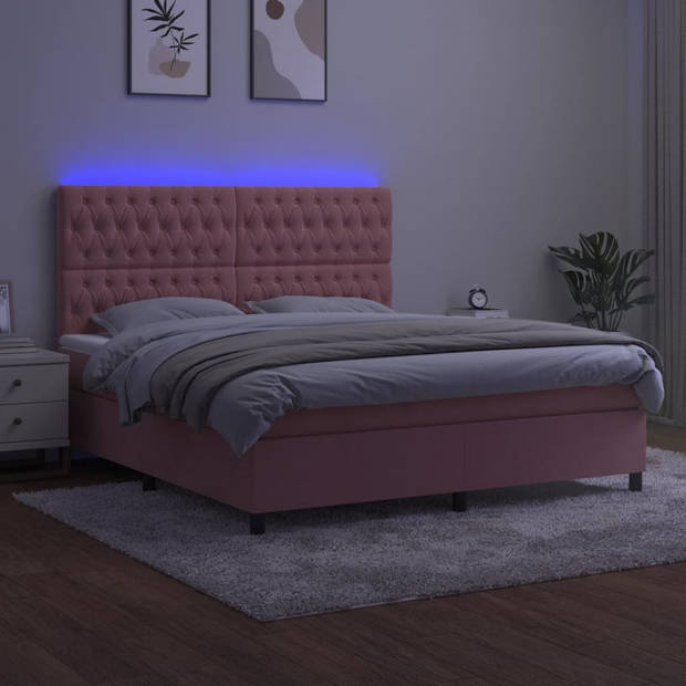 vidaXL Boxspring met matras en LED fluweel roze 160x200 cm