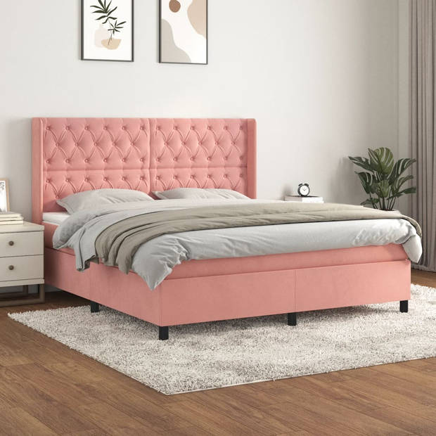 vidaXL Boxspring met matras fluweel roze 160x200 cm