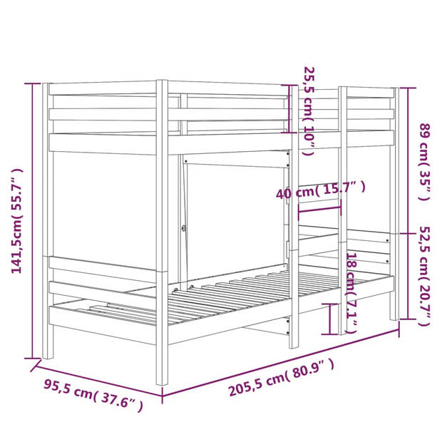 vidaXL Stapelbed massief grenenhout honingbruin 90x200 cm