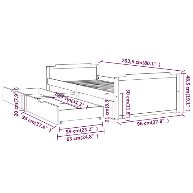 vidaXL Bedframe met lades massief grenenhout donkergrijs 90x200 cm